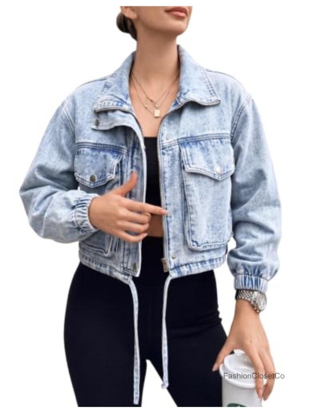 Women's Cropped Denim Jacket Lightweight Zip Up Long Sleeve Cotton